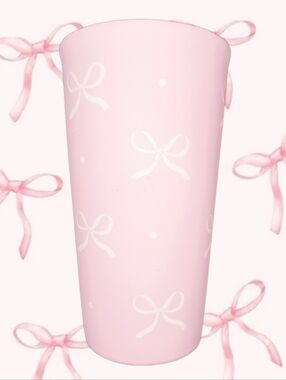 Sunday Morning Ceramics Pink Travel Tumbler With White Bow Design